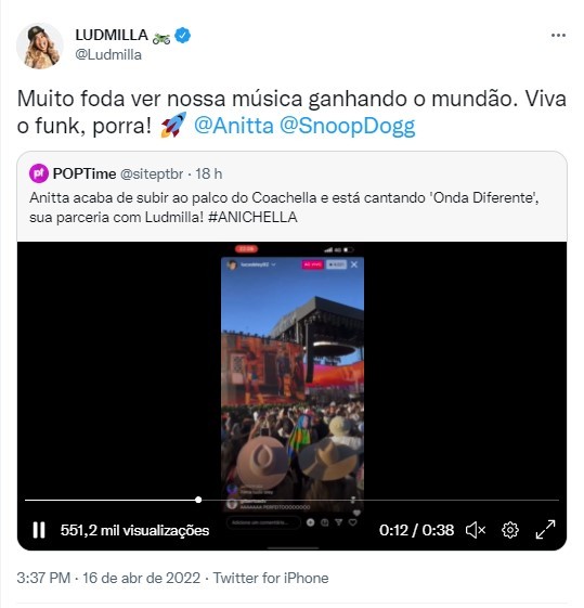 Print do tuite de Ludmilla elogiando a performance de Anitta (Foto: Reprodução/Twitter)