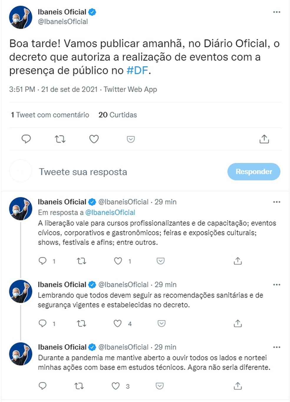 Governador do Distrito Federal, Ibaneis Rocha, anuncia a liberação de público em shows.  — Foto: Twitter/Reprodução