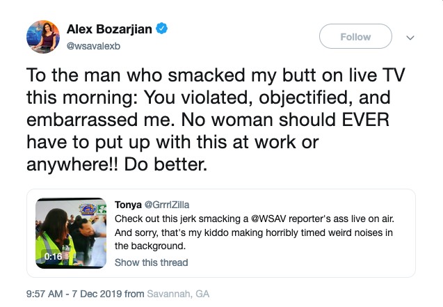 O tuíte da jornalista Alex Bozarijan após ser vítima de assédio (Foto: Twitter)