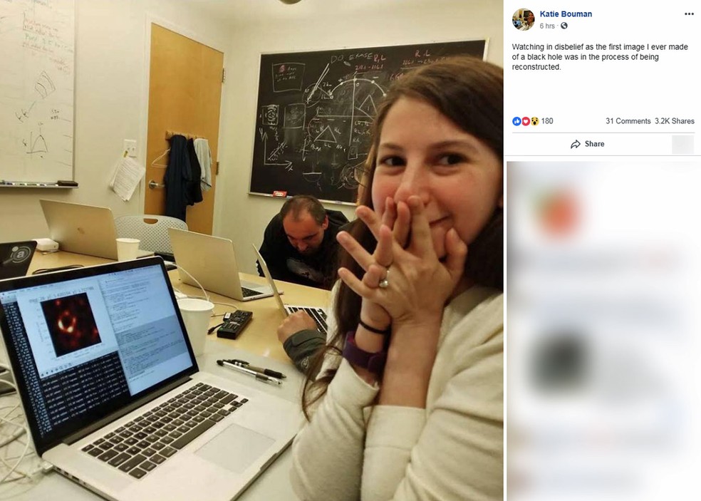 Nesta quarta-feira (10), Katherine Bouman mudou sua foto de perfil em uma rede social para mostrar seu computador no processo de montar a imagem do buraco negro — Foto: Reprodução/Facebook