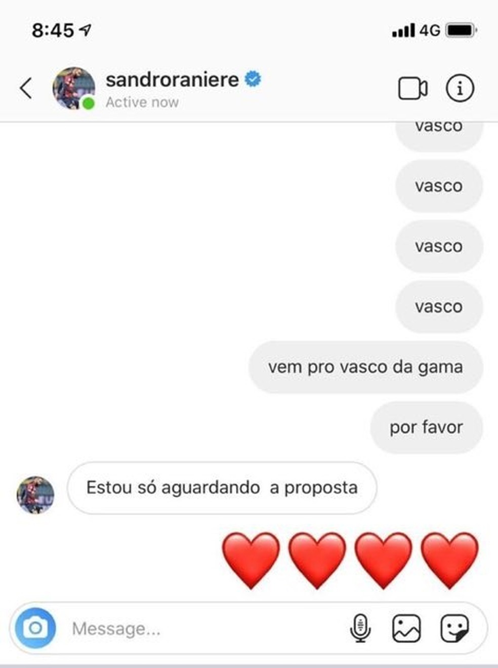 Depois que rescindiu com o Genoa, Sandro recebeu mensagens de torcedores, como essa, de um vascaíno — Foto: Reprodução/Instagram