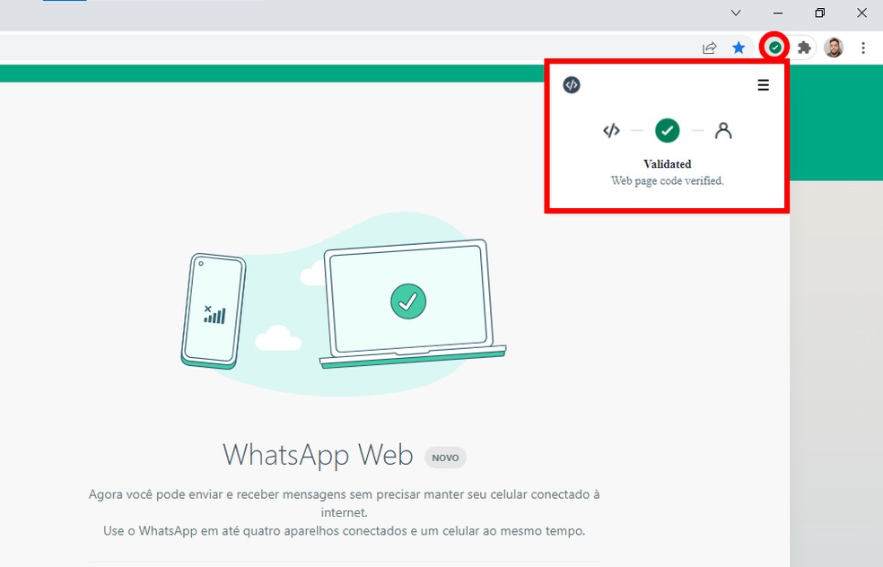 Extensões do Google Chrome: Code Verify mostra se WhatsApp Web é seguro — Foto: Reprodução/Rodrigo Fernandes
