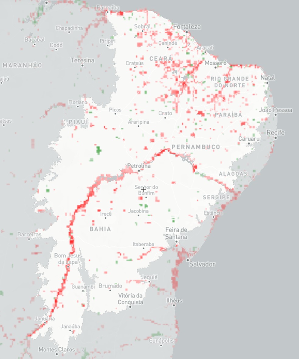 Todos os pontos em vermelho representam tendência de redução de cobertura hídrica.  — Foto: MapBiomas