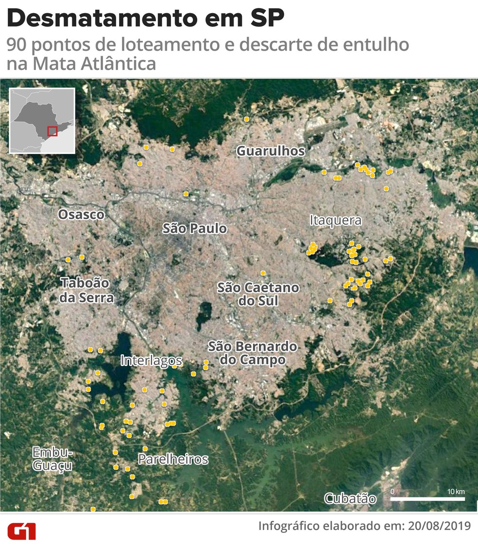 Mapa mostra pontos de desmatamento na Mata AtlÃ¢ntica na cidade de SÃ£o Paulo â€” Foto: Arte/G1