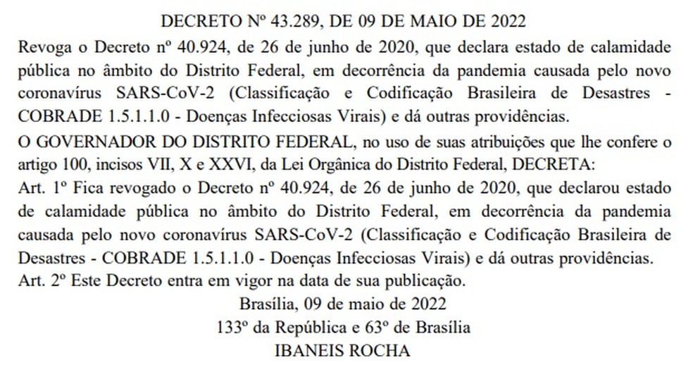 Decreto publicado no Diário Oficial do DF nesta terça-feira (10) — Foto: Reprodução