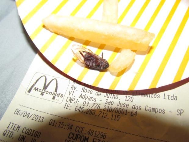 Segundo jovem, mosca foi encontrada no fundo do pacote de batatas fritas vendida no restaurante do centro da cidade. (Foto: Arquivo Pessoal/Rafaell Villard)