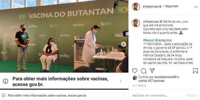 A atriz Erika Januza celebra a vacina (Foto: Reprodução/Instagram)