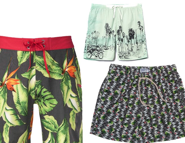 Bermuda com strelitzias The North Face (R$ 329), shorts com cocos Shorts Co (R$ 239) e shorts com estampa de palmeiras Toulon (R$ 79) (Foto: Divulgação)