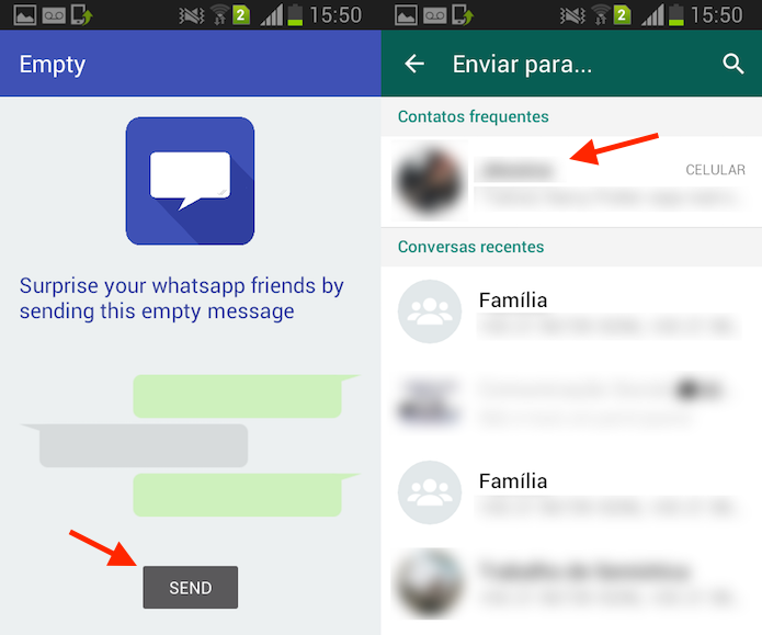 Opção para escolher um contato para enviar uma mensagem em branco com o Empty para WhatsApp (Foto: Reprodução/Marvin Costa)