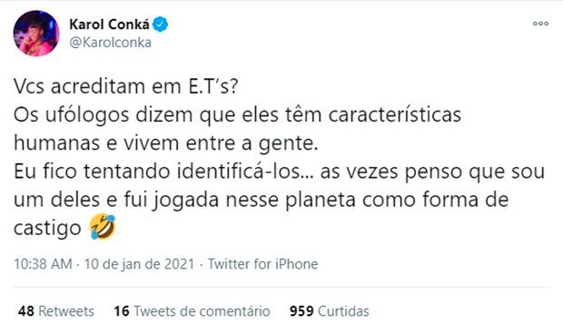 Karol Conká brinca sobre ETs (Foto: Reprodução/Twitter)