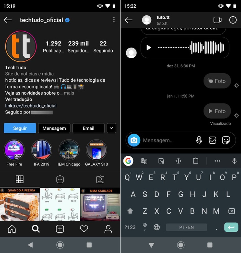 Instagram com o modo escuro ativado — Foto: Reprodução/Helito Beggiora