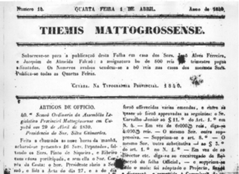 Themis Mattogrossense é o primeiro jornal feito no estado — Foto: Reprodução