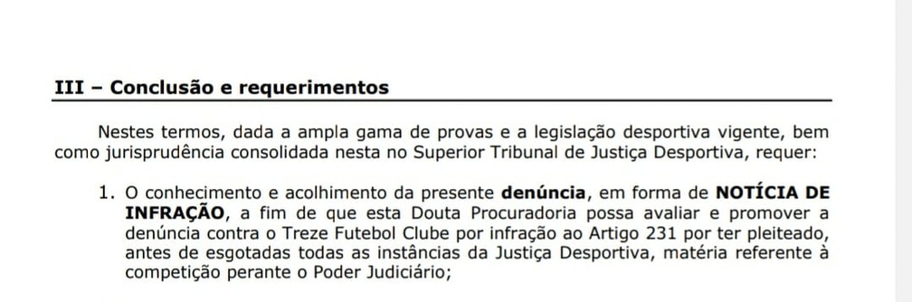 Trecho do documento enviado pelo São Paulo Crystal ao TJDF-PB — Foto: Divulgação / São Paulo Crystal