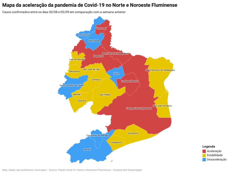 Mapa mostra cenário da Covid-19 nas cidades do Norte e Noroeste Fluminense — Foto: Divulgação/Painel Covid-19 Norte e Noroeste Fluminense