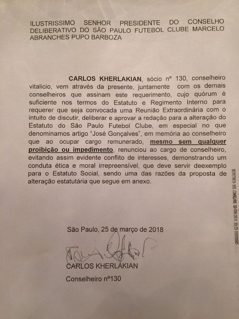 Requerimento de Roberto Natel entregue ao Conselho do São Paulo (Foto: Reprodução)