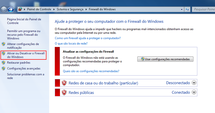 Firewall desativado pode diminuir segurança do computador (Foto: Reprodução/Windows)
