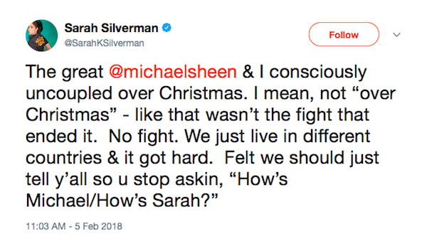 A mensagem na qual Sarah Silverman anuncia o término de seu casamento com Michael Sheen (Foto: Twitter)