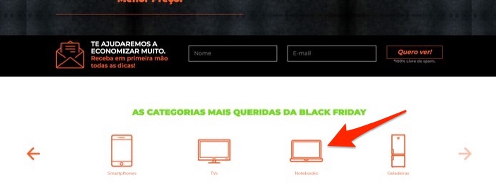 Ação para visualizar uma categoria de produto da Black Friday no site JáCotei — Foto: Reprodução/Marvin Costa