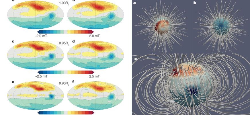 Representação do campo magnético de Júpiter. Mais forte nas manchas vermelhas. (Foto: Nature)