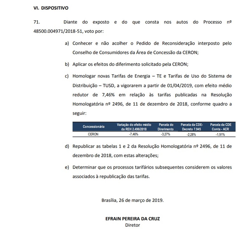 Decisão do diretor Efrain Cruz pela redução de pelo menos 7,4% na tarifa de energia de Rondônia. — Foto: Aneel/Divulgação