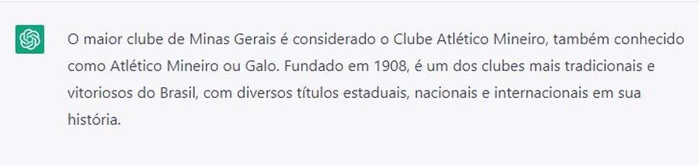 ChatGPT diz que o Atlético-MG é o maior clube de Minas Gerais — Foto: Reprodução