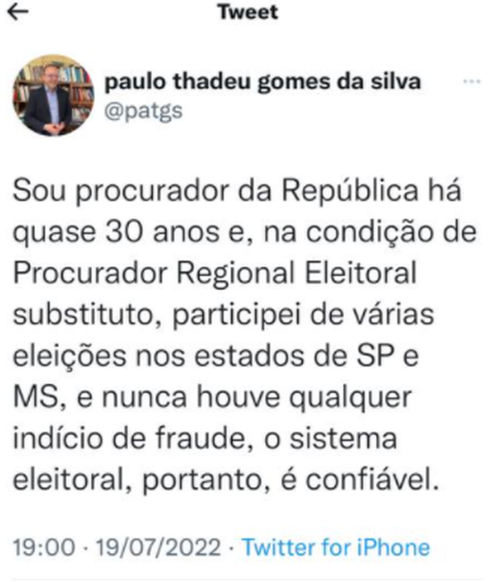 Procurador eleitoral reafirma em rede social a seguran&ccedil;a das urnas eletr&ocirc;nicas &mdash; Foto: Reprodu&ccedil;&atilde;o