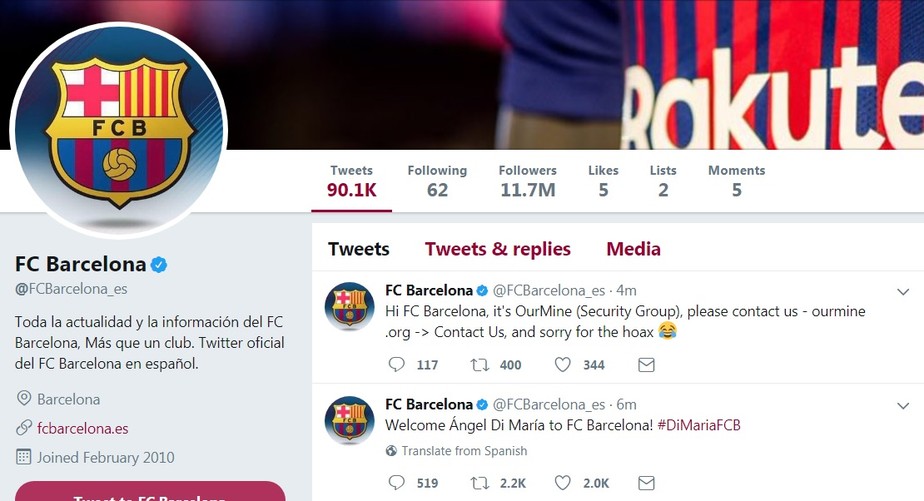 Redes sociais do Barça são hackeadas e 