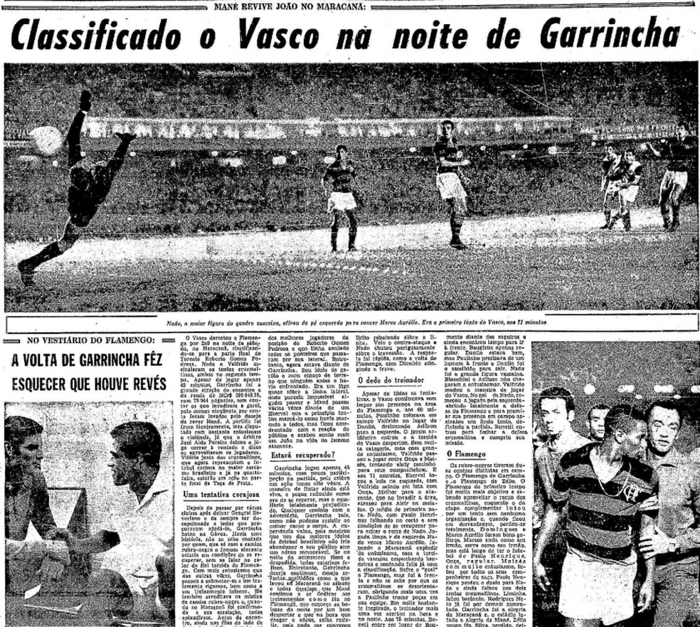 Caderno de Esportes de "O Globo" sobre a estreia de Garrincha pelo Flamengo — Foto: Reprodução/O Globo