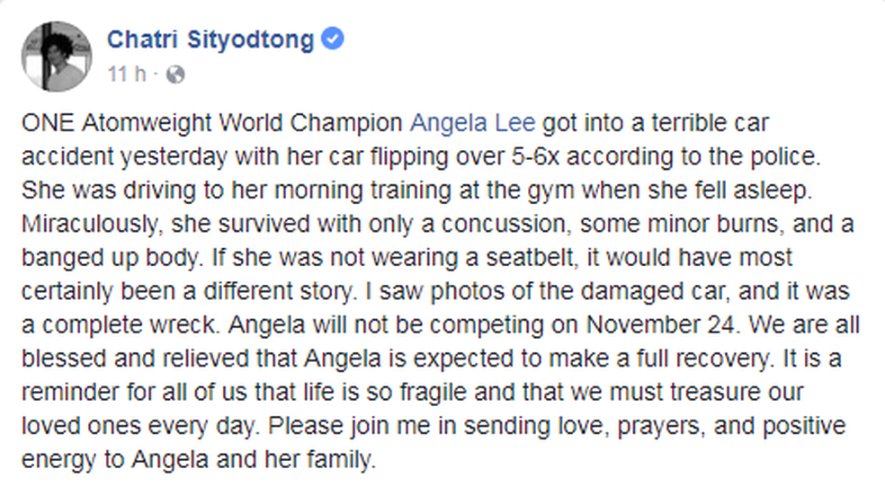 CEO do ONE FC, Chatri Sityodong emitiu nota sobre o acidente em seu Facebook  (Foto: Reprodução)