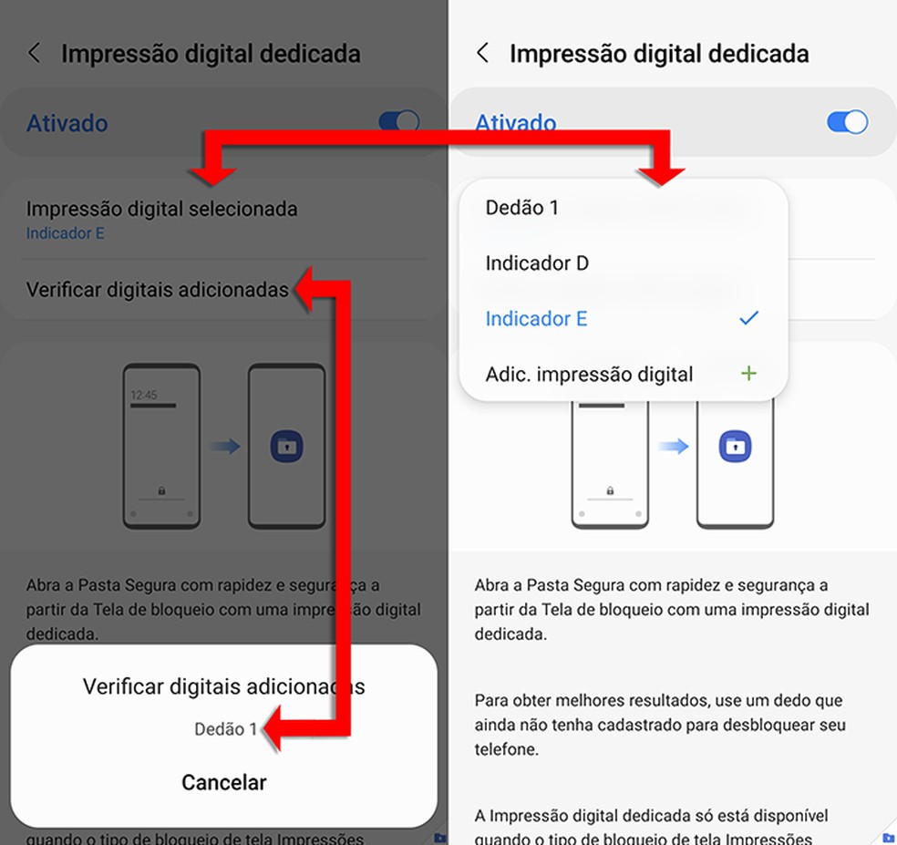 É possível verificar qual dedo está associado a qual nome ao tocar em "Verificar digitais adicionadas". — Foto: Reprodução/Willian Rodrigues