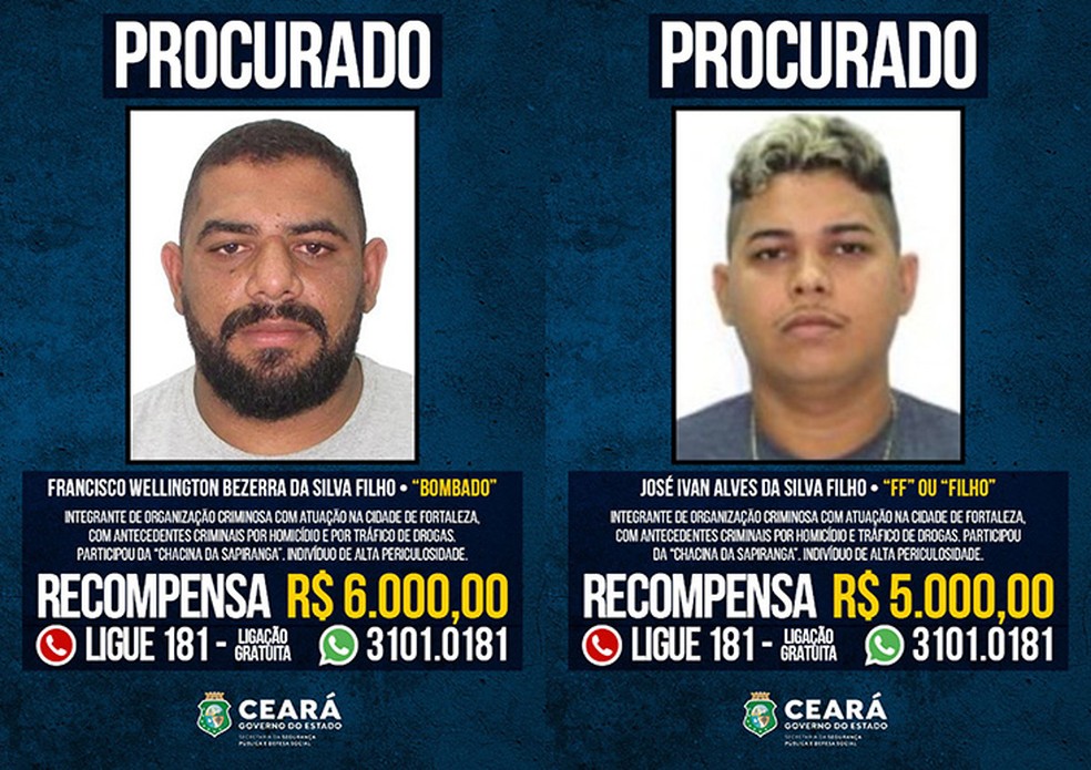 Atualização de programa de recompensa no Ceará adiciona suspeitos da chacina da Sapiranga, em Fortaleza. — Foto: SSPDS/Reprodução