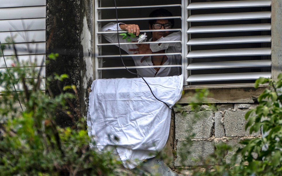O ativista da oposição Yunior Garcia Aguilera aparece na janela de sua casa com uma flor branca, em Havana, no domingo (14), véspera da manifestação que ajudou a organizar em Cuba — Foto: AP Photo / Ramon Epinosa