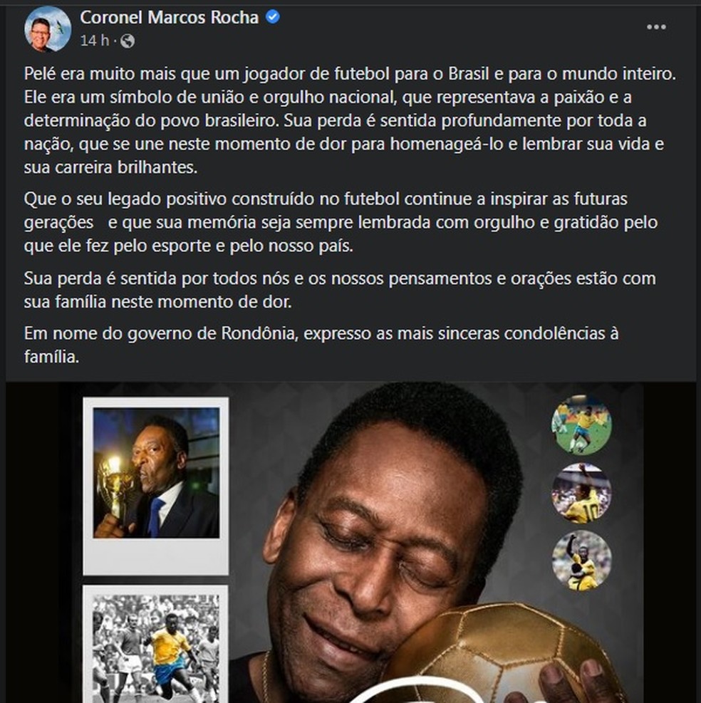 Governador Marcos Rocha postou homenagem a Pelé — Foto: Reprodução