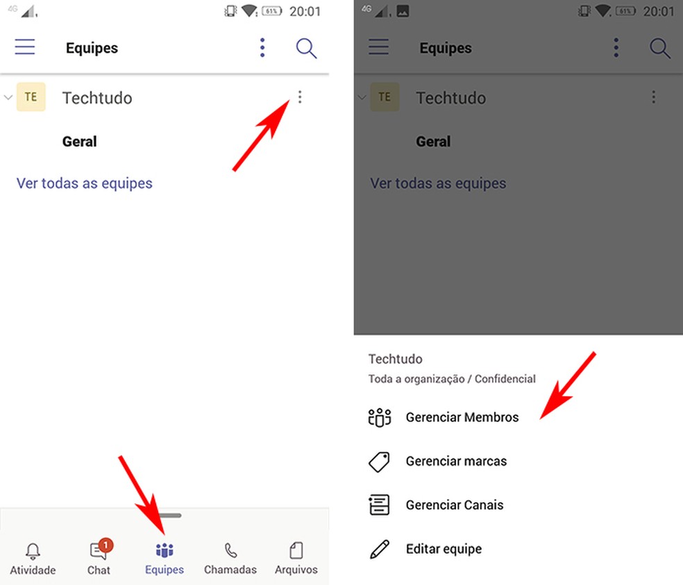 Toque em "Equipes" para adicionar membros no Microsoft Teams — Foto: Reprodução/Marcela Franco