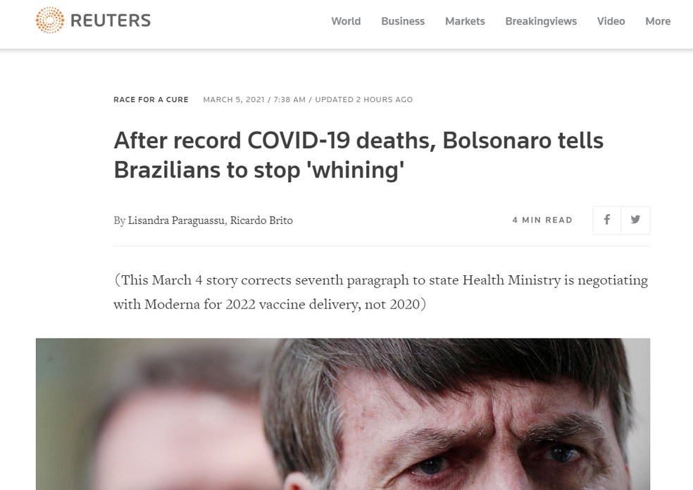 'Chega de frescura, de mimimi': frase de Bolsonaro repercute na imprensa internacional — Foto: Reprodução/Reuters