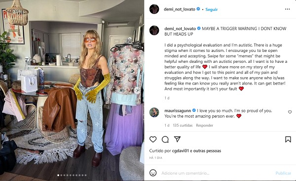 O post da influencer, modelo e estrela de reality show norte-americana Demi Burnett falando sobre seu diagnóstico de autismo (Foto: Instagram)