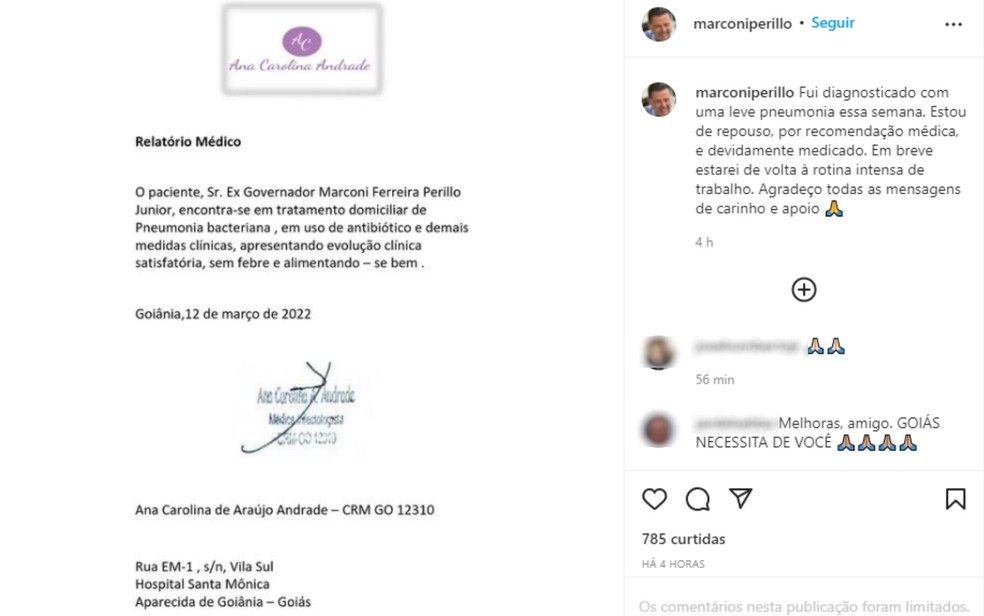 Boletim médico diz que ex-governador de Goiás Marconi Perillo está com pneumonia — Foto: Reprodução/Instagram