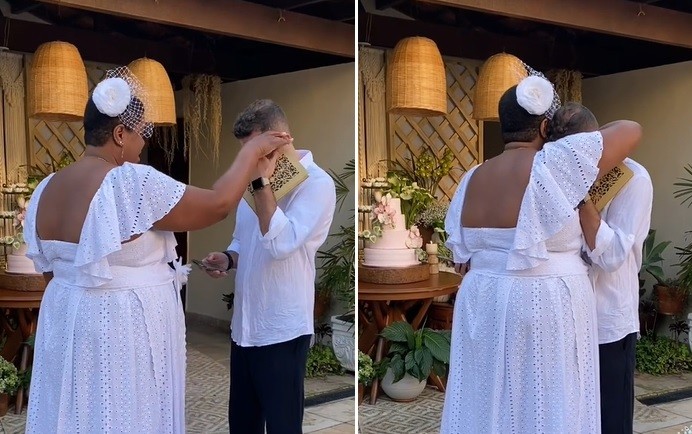 Janderson Pires chora e é consolado por Cacau Protásio mo momento da troca de votos (Foto: Reprodução/Instagram)