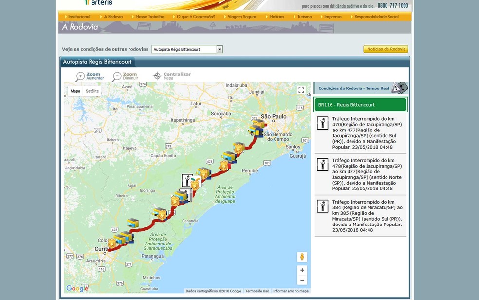 Régis Bittencourt segue bloqueada em dois trechos (Foto: Reprodução / Autopista Régis Bittencourt / Arteris )
