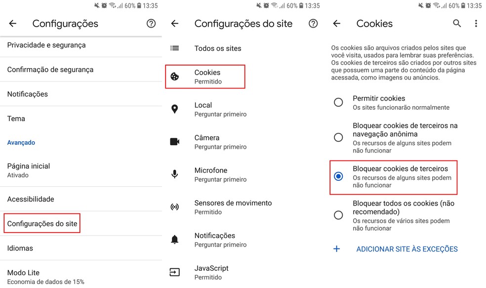 Como bloquear cookies de terceiros no aplicativo do Google Chrome — Foto: Reprodução/Google Chrome