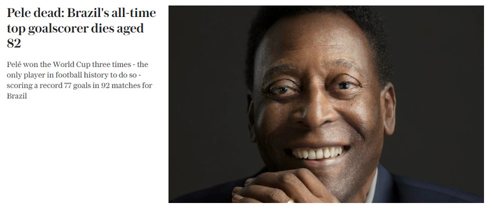 Capa do The Telegraph para morte de Pelé — Foto: Reprodução