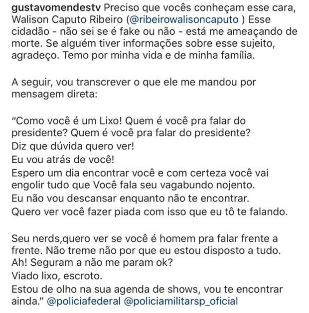 Gustavo Mendes denuncia homem que o ameaça de morte pela internet (Foto: Reprodução/Instagram)