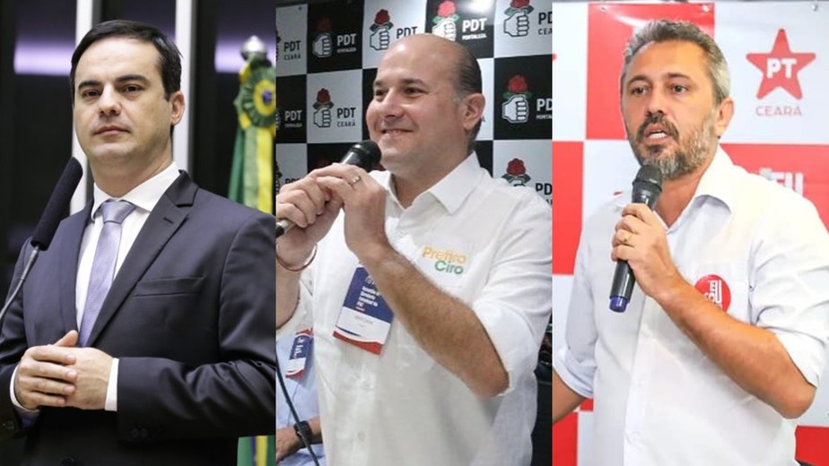 Da direita para esquerda, os candidatos ao governo do Ceará Capitão Wagner, Roberto Cláudio e Elmano Freitas