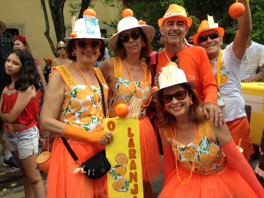 Grupo do Recife brinca em Olinda neste domingo (3), vestido como "O Laranjal". "Viemos para brincar, curtir, mas também para alertar as pessoas sobre a situação do país, fazendo críticas ao crime das candidaturas de laranjas", afirma Mônica Monteiro — Foto: Luana Nova/G1 PE