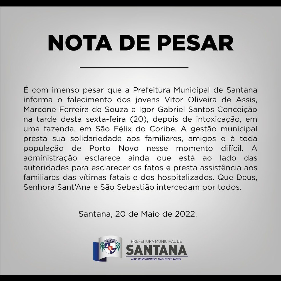 Prefeitura de Santana divulgou nota onde lamenta mortes — Foto: Redes sociais