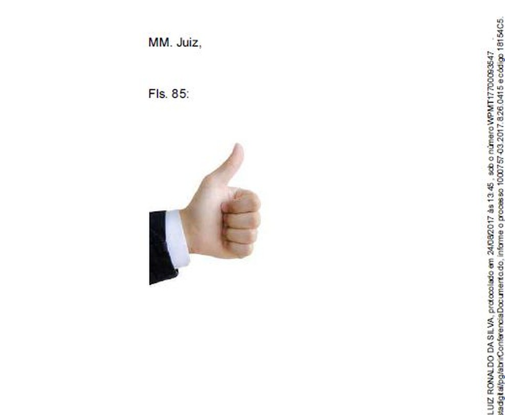 Advogado respondeu juiz com figura de um 'joinha' (Foto: Luiz Ronaldo da Silva / Arquivo pessoal )