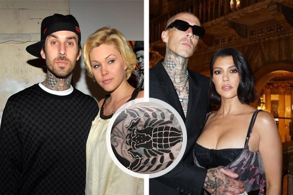 Travis Barker com Shanna Moakler, sua ex-esposa (à esq.) e com Kourtney Kardashian, sua atual noiva (à dir.); roqueiro cobriu nome da ex com nova tatuagem (Foto: Getty Images; reprodução / Instagram)