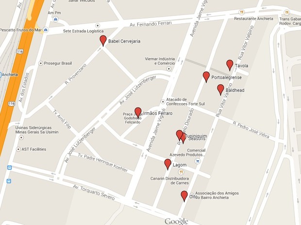 Mapa polo cervejeiro de Porto Alegre (Foto: Google Maps)