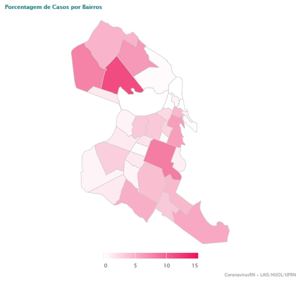 Mapa de Natal mostra bairros com casos confirmados de coronavírus — Foto: Lais/UFRN
