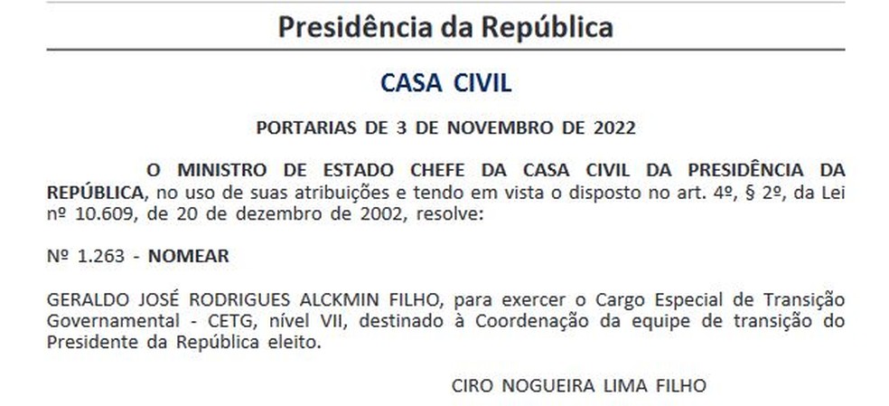 Nomeação de Geraldo Alckmin, vice-presidente eleito, para o Cargo Especial de Transição Governamental — Foto: Reprodução / DOU